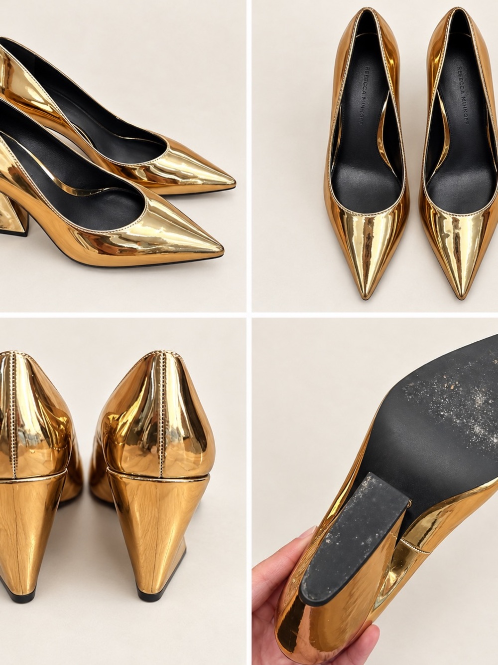 Rebecca Minkoff Metallic Gold Pointed Toe Block Heel Pumps